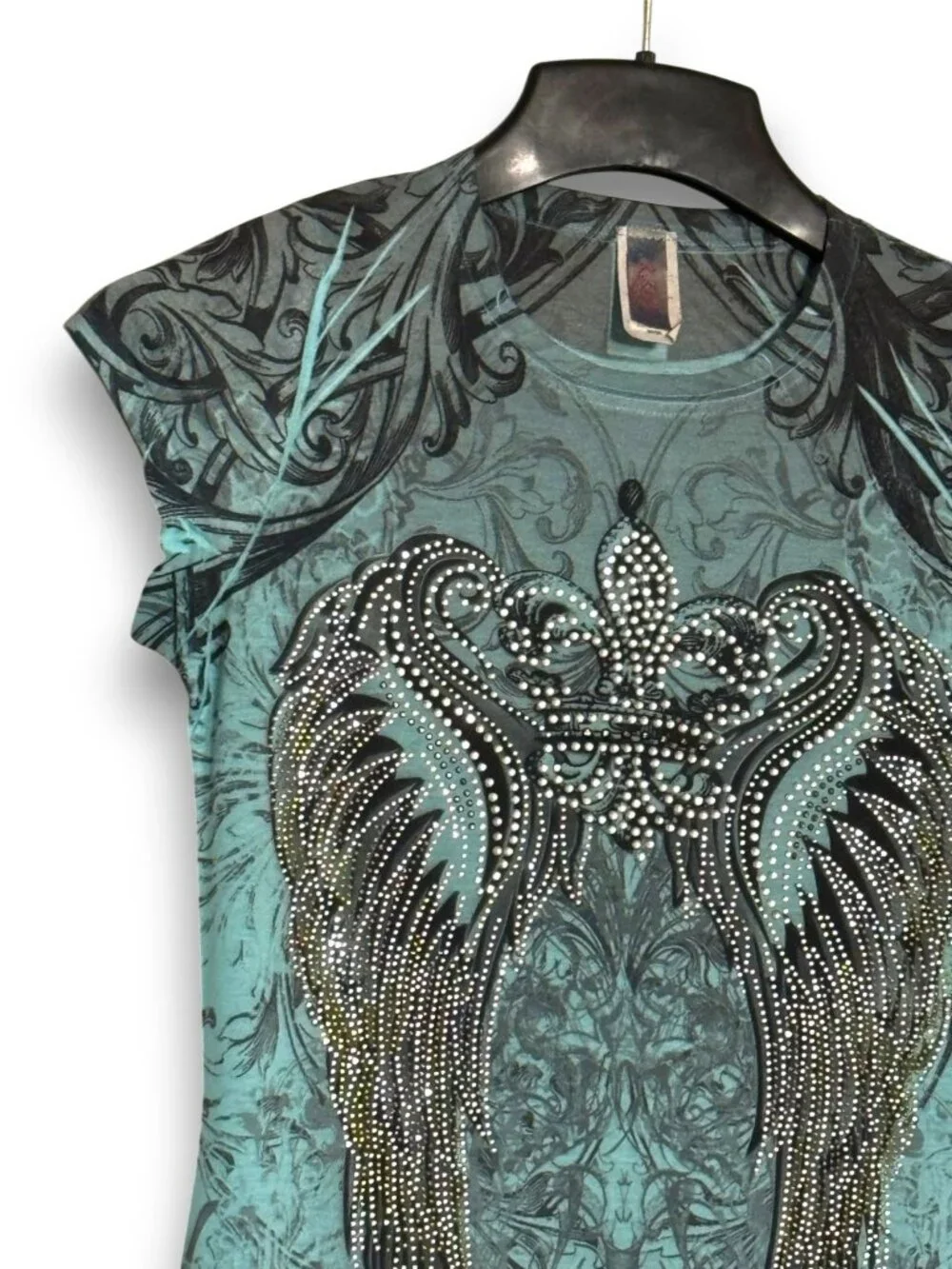 R. Rouge USA Y2K Style Teal Graphic Wing Top Rhinestone Accents Size Medium Fits - Picture 4 of 8